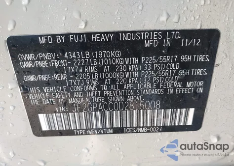 2013 Subaru Xv Crosstrek 2.0I Premium z USA, uszkodzony, nr VIN JF2GPACC0D2815008